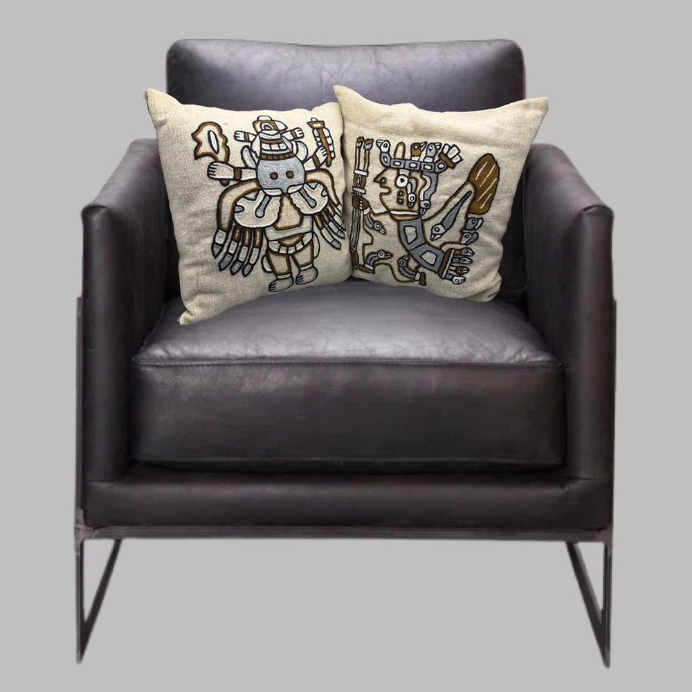 Aztec Tribal Peruvian Crewel Embroidered Throw Pillows Boho Ethnic Set of 2